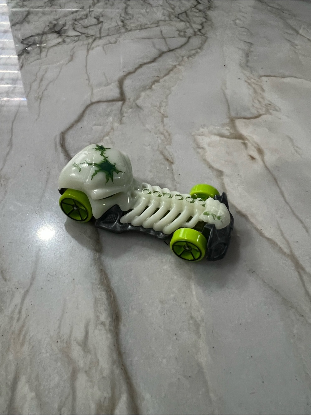 Skull Crusher Skeleton Racer Toy Car - 2009 Mattel White with Neon Green Wheels